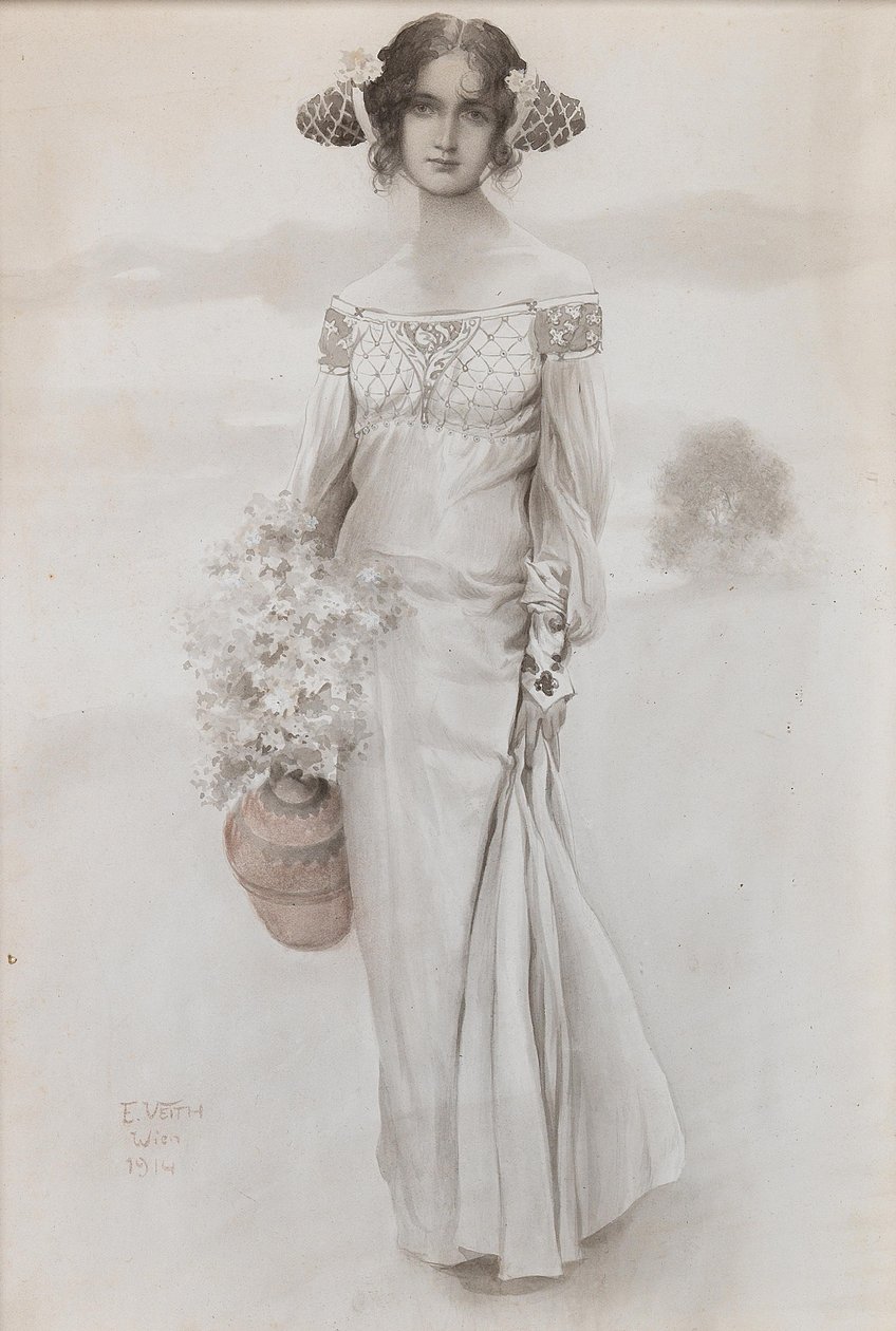 Dziewczyna z dzbanem i bukietem kwiatów, 1914. autorstwa Eduard Veith