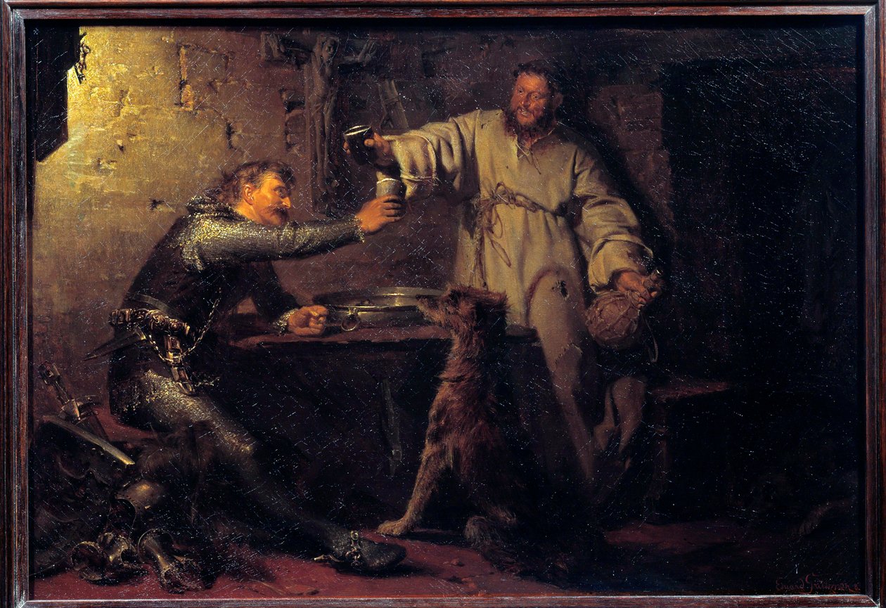 Wojownik w średnim wieku wznoszący toast z pustelnikiem w tawernie Obraz Eduarda von Grutznera (1846-1925) 1878 nd. 0,44x0,63 m Paryż, musee d