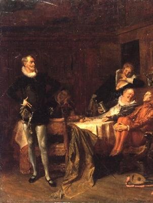 „Dwunasta noc”, akt II, scena 3: Maria, klaun, Sir Andrew Aguecheek, Malvolio i Sir Toby Belch autorstwa Eduard von Grutzner