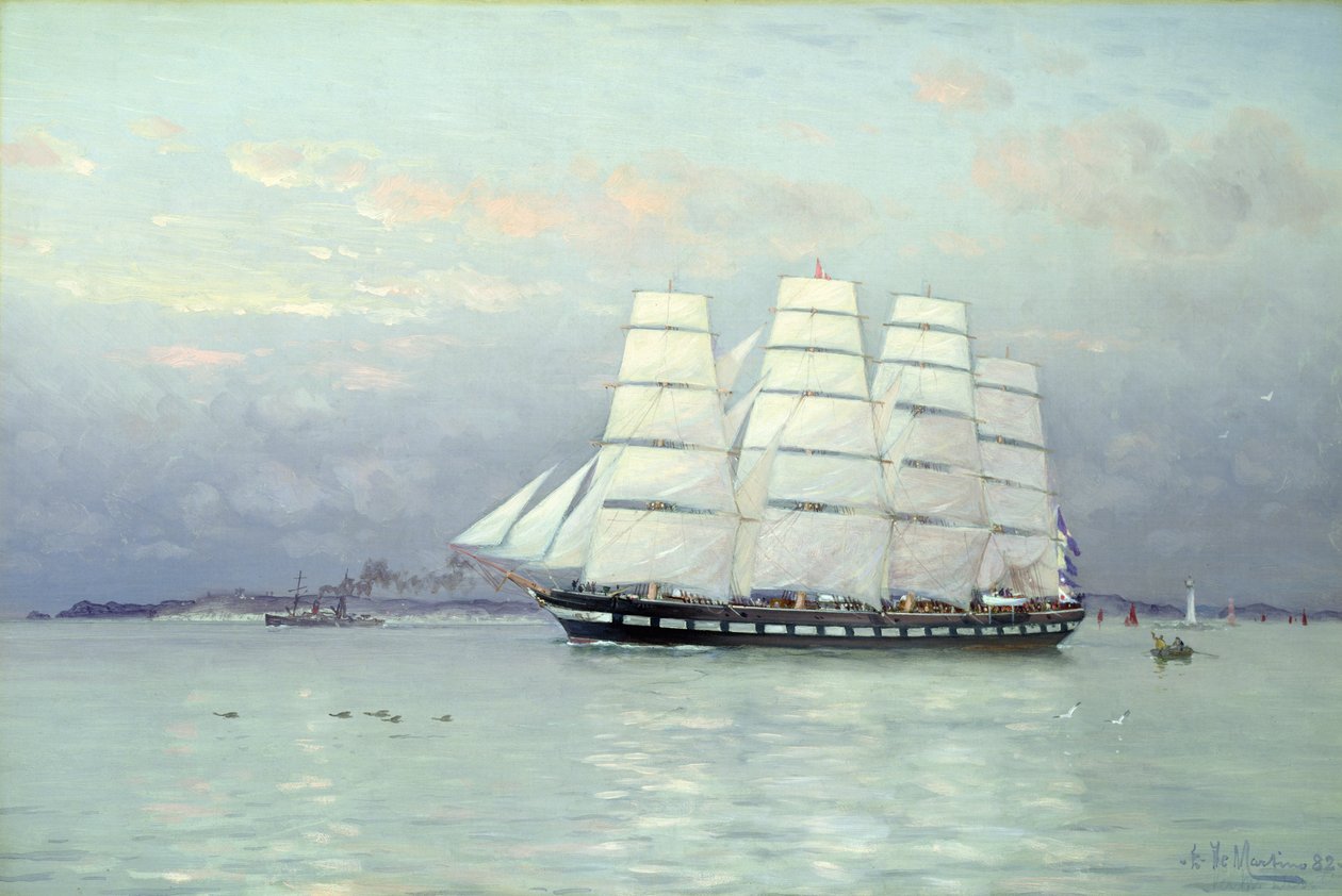 Statek wypływający na zewnątrz pod pełnymi żaglami, 1882 autorstwa Eduardo de Martino