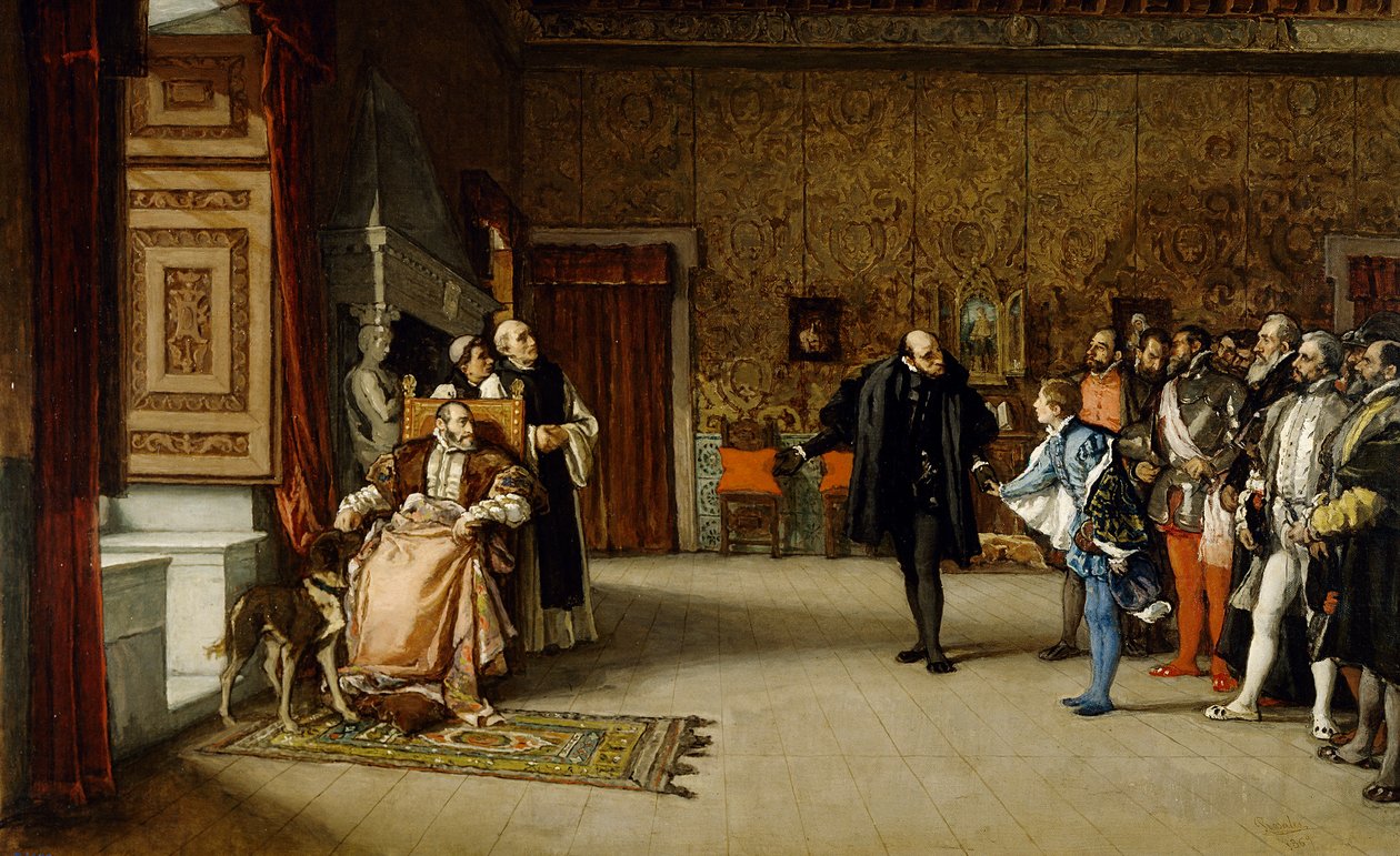 Prezentacja Juana de Austrias cesarzowi Karolowi V w Yuste, 1869 autorstwa Eduardo Rosales