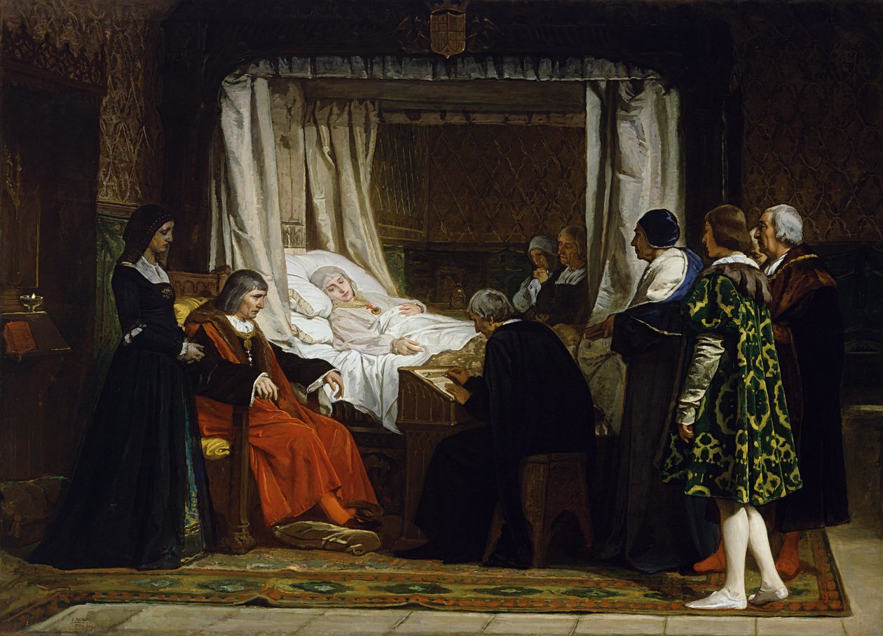 La Reine Isabelle la Catholique dicte son testament - Królowa Izabela I Kastylii dyktuje swoją ostatnią wolę i testament - Obraz Eduardo Rosales Gallina (1836-1873) - 1864 - Olej na płótnie - 290x400 - Museo del Prado, Madryt autorstwa Eduardo Rosales