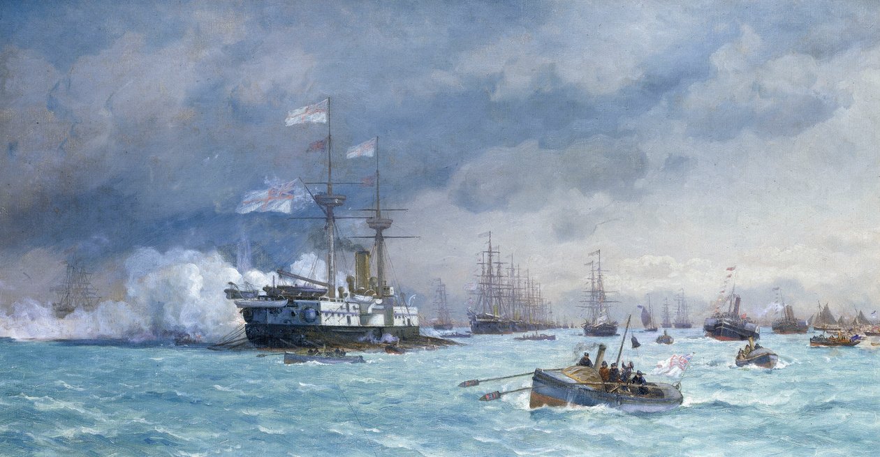 HMS "Edinburgh" na ćwiczeniach przeciwtorpedowych, ok. 1887 r. (olej na płótnie) autorstwa Eduardo de Martino