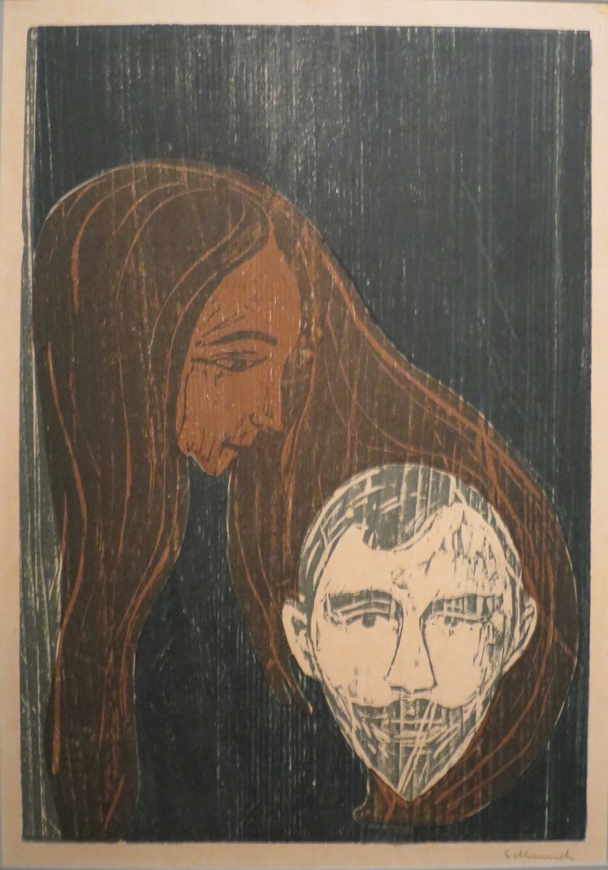 Głowa mężczyzny we włosach kobiety autorstwa Edvard Munch
