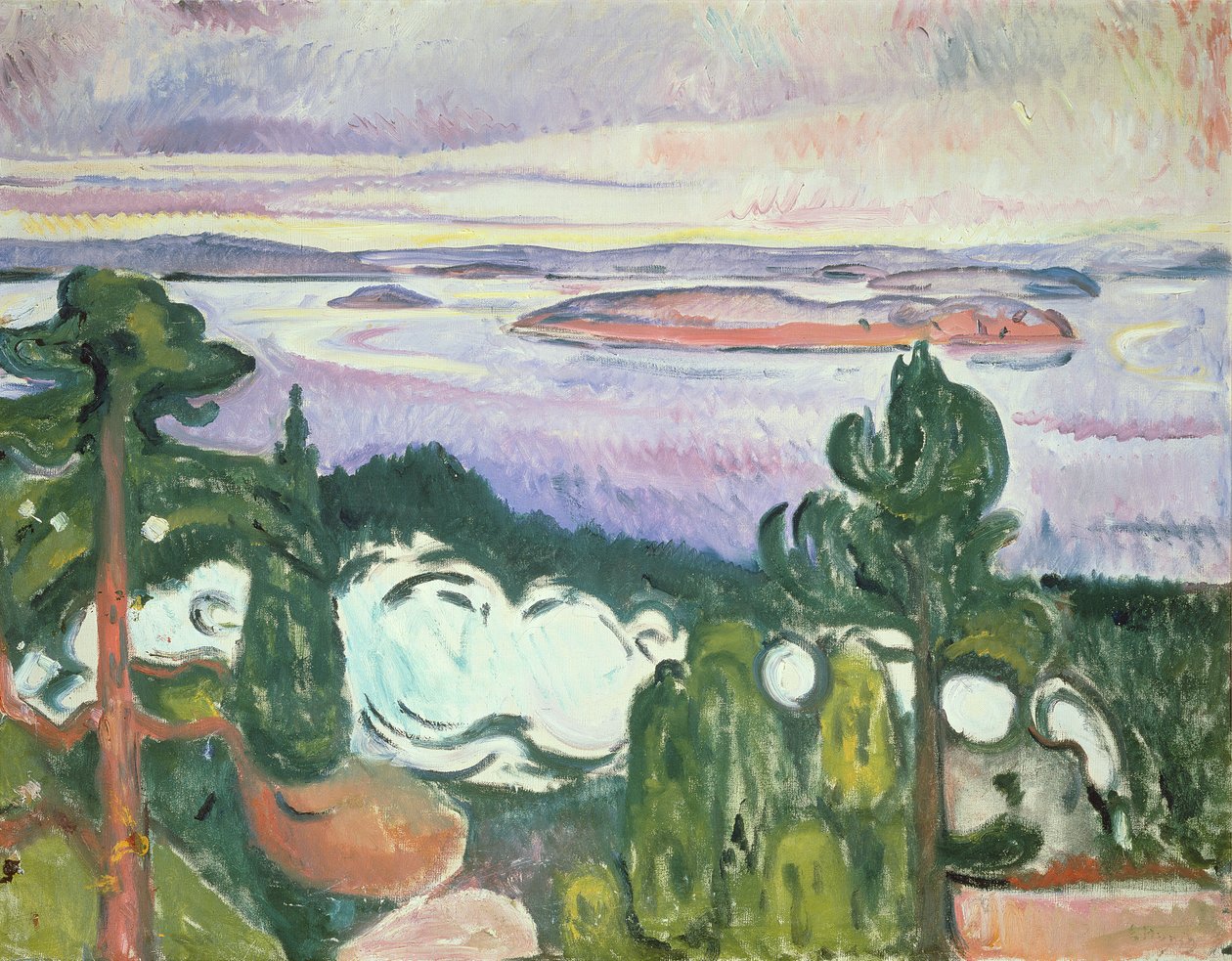 Oslofijord - Plaża Północna (Krajobraz z koleją, pociągiem, dymem) 1910 autorstwa Edvard Munch