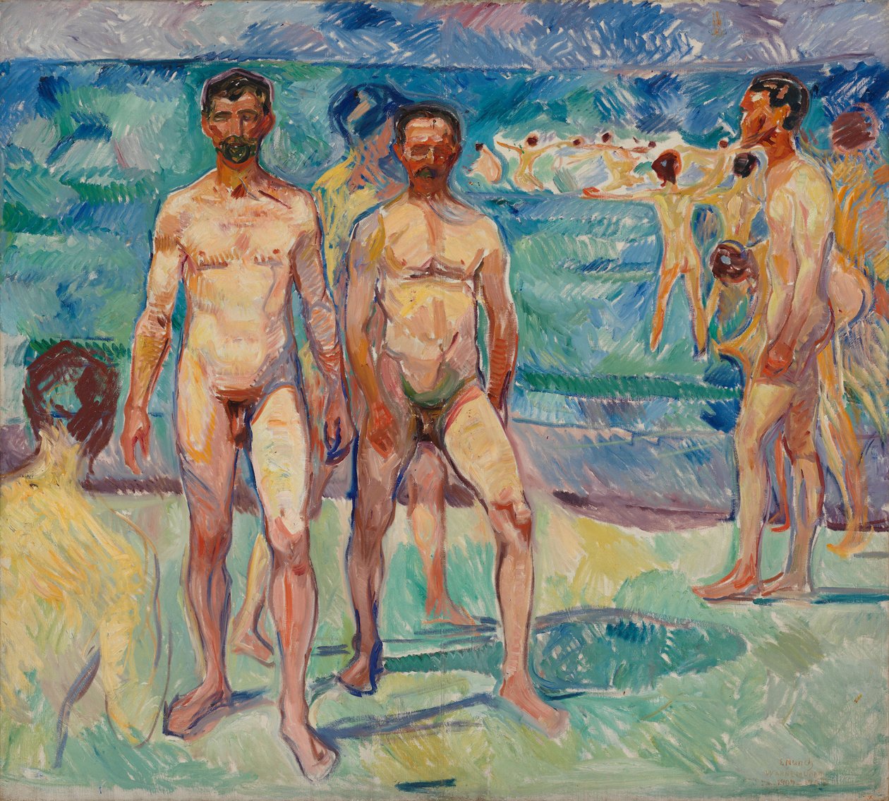 Kąpiący się mężczyźni; średni wiek autorstwa Edvard Munch