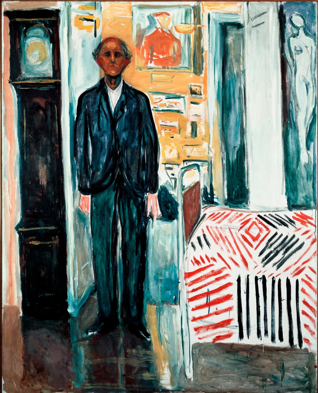 Między łóżkiem a zegarem Obraz Edvarda Muncha (1863-1944) 1940-1942 wym. 149,5x120 cm Oslo, Munch-Museet autorstwa Edvard Munch