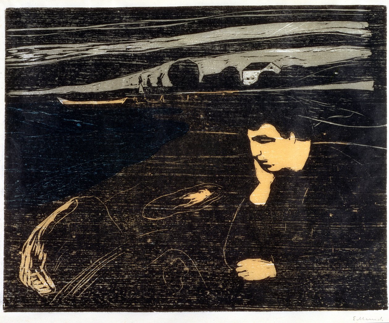 Wieczór, Melancholia: Na plaży (Abend, Melancholia am Strand) (drzewryt) autorstwa Edvard Munch