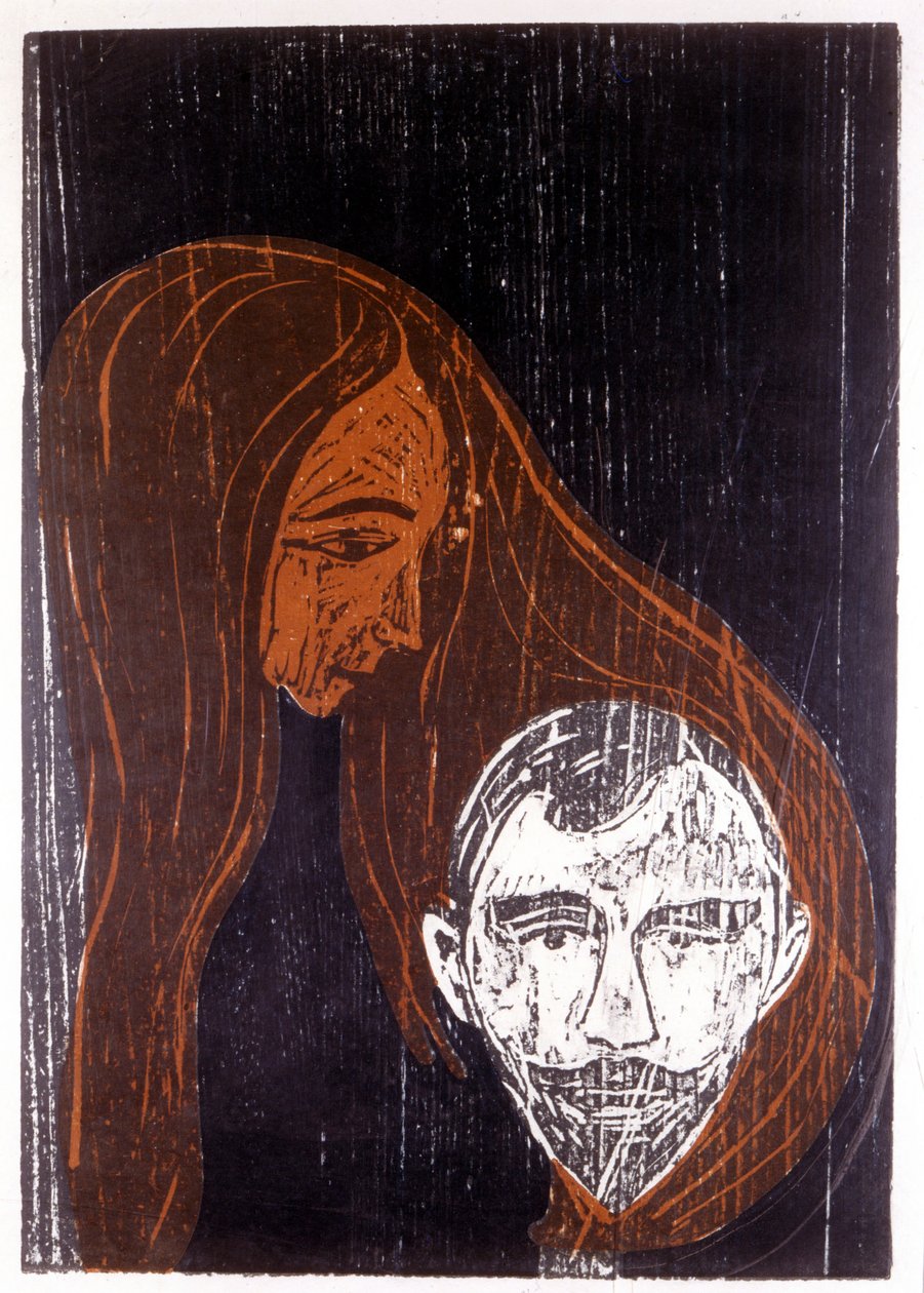 Głowa mężczyzny we włosach kobiety autorstwa Edvard Munch