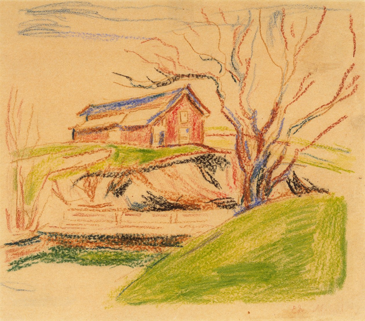 Dom na wzgórzu (kredka) autorstwa Edvard Munch