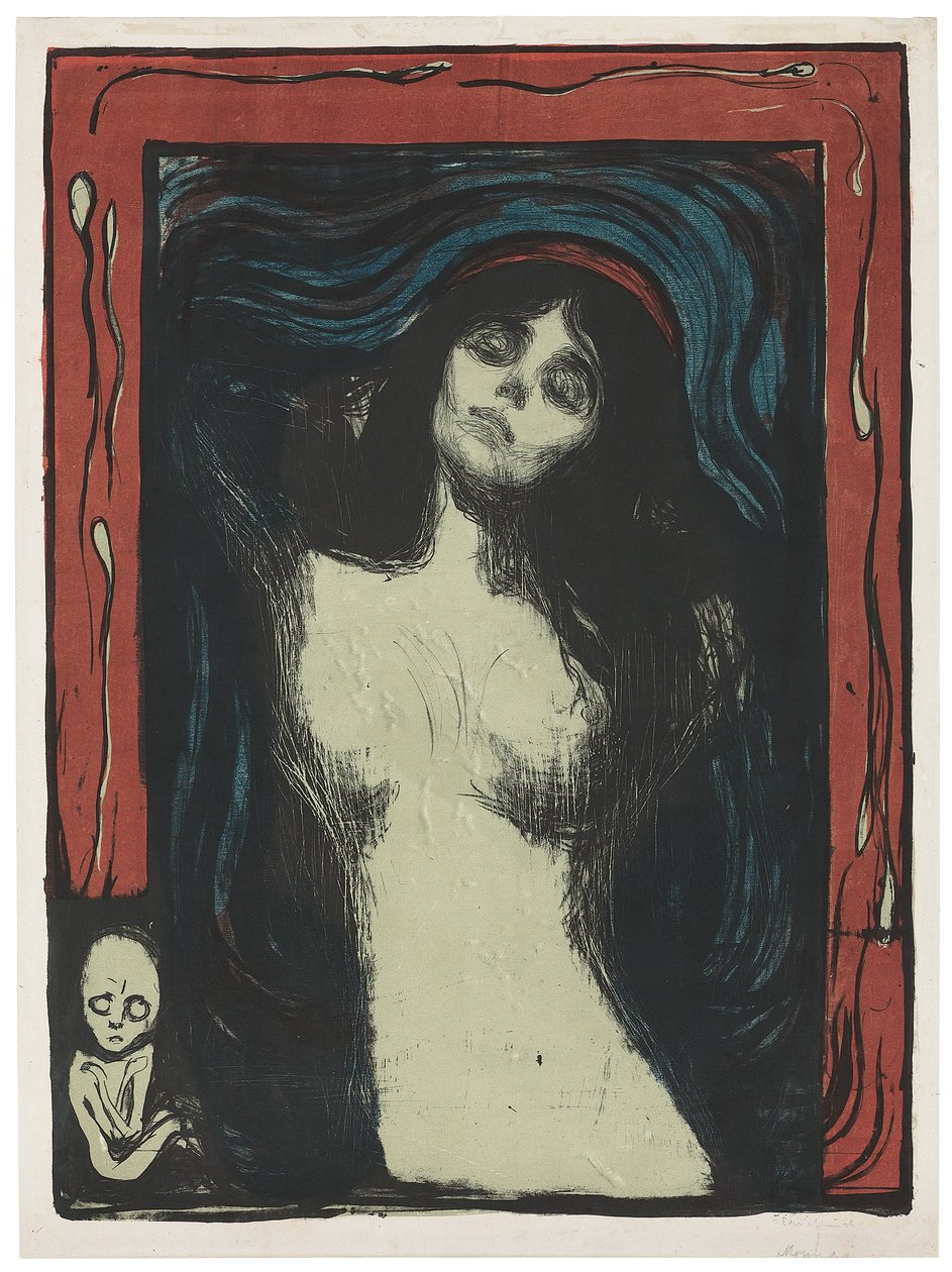 Madonna - Liebendes Weib, ok. 1930 r. 1895-1902 (litografia drukowana w kolorze czarnym, czerwonym, niebieskim i jadeitowym na białym) autorstwa Edvard Munch