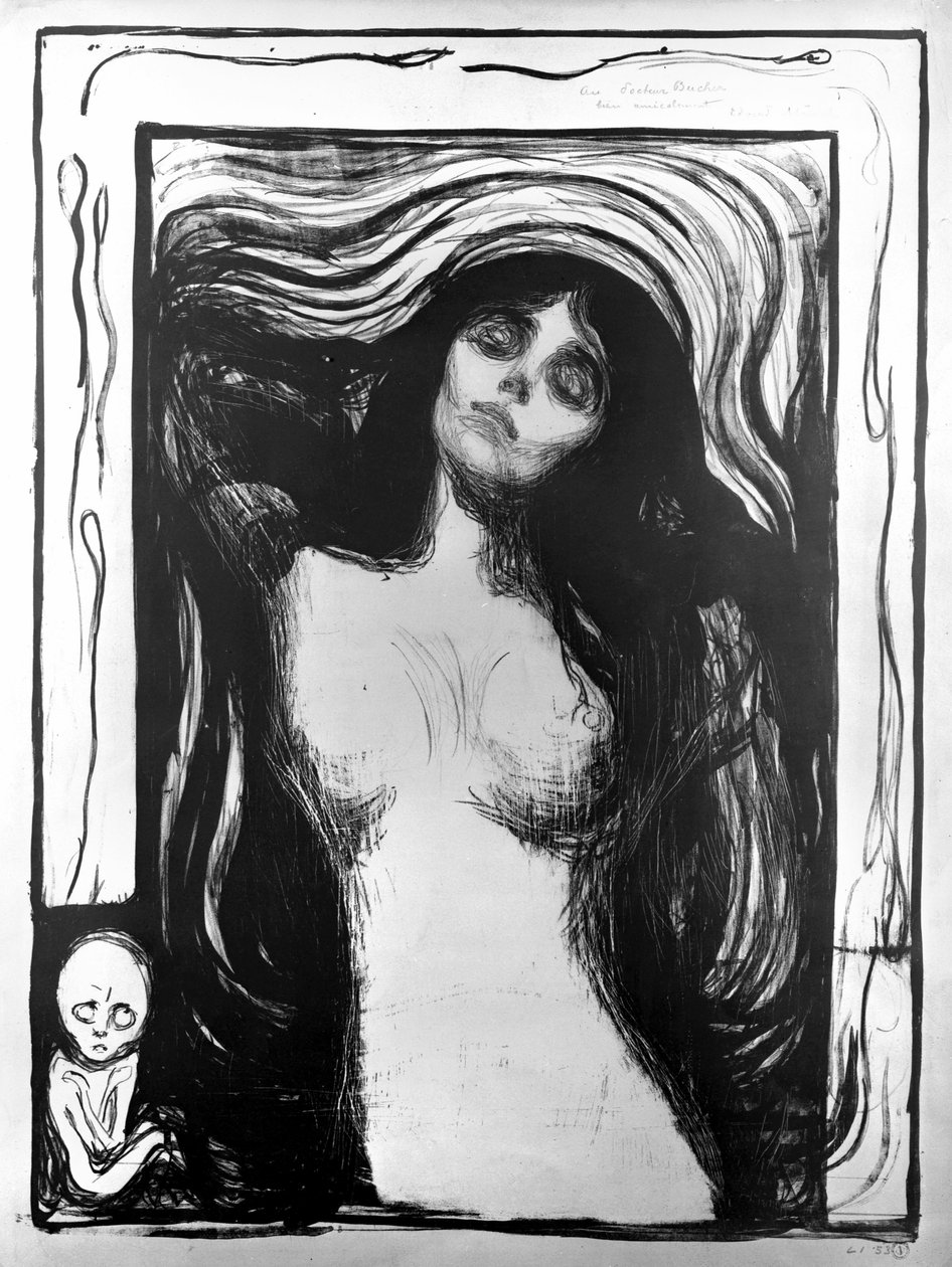 Madonna, litografia autorstwa Edvarda Muncha dedykowana dr Bucherowi. autorstwa Edvard Munch