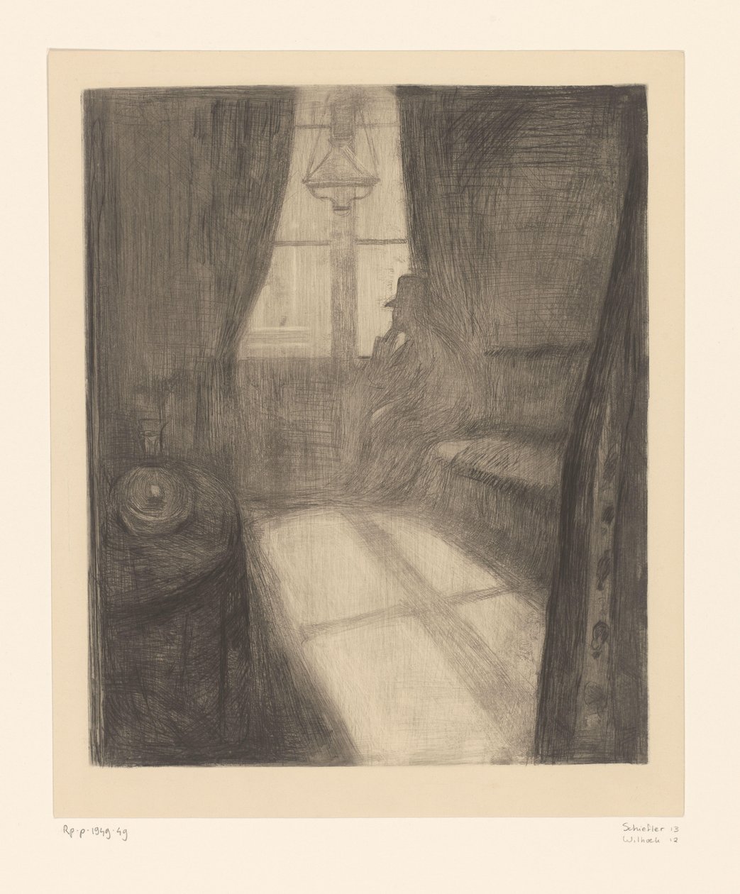 Mężczyzna we wnętrzu siedzący przy oknie Światło księżyca. Noc w Saint-Cloud (tytuł oryginalny) autorstwa Edvard Munch
