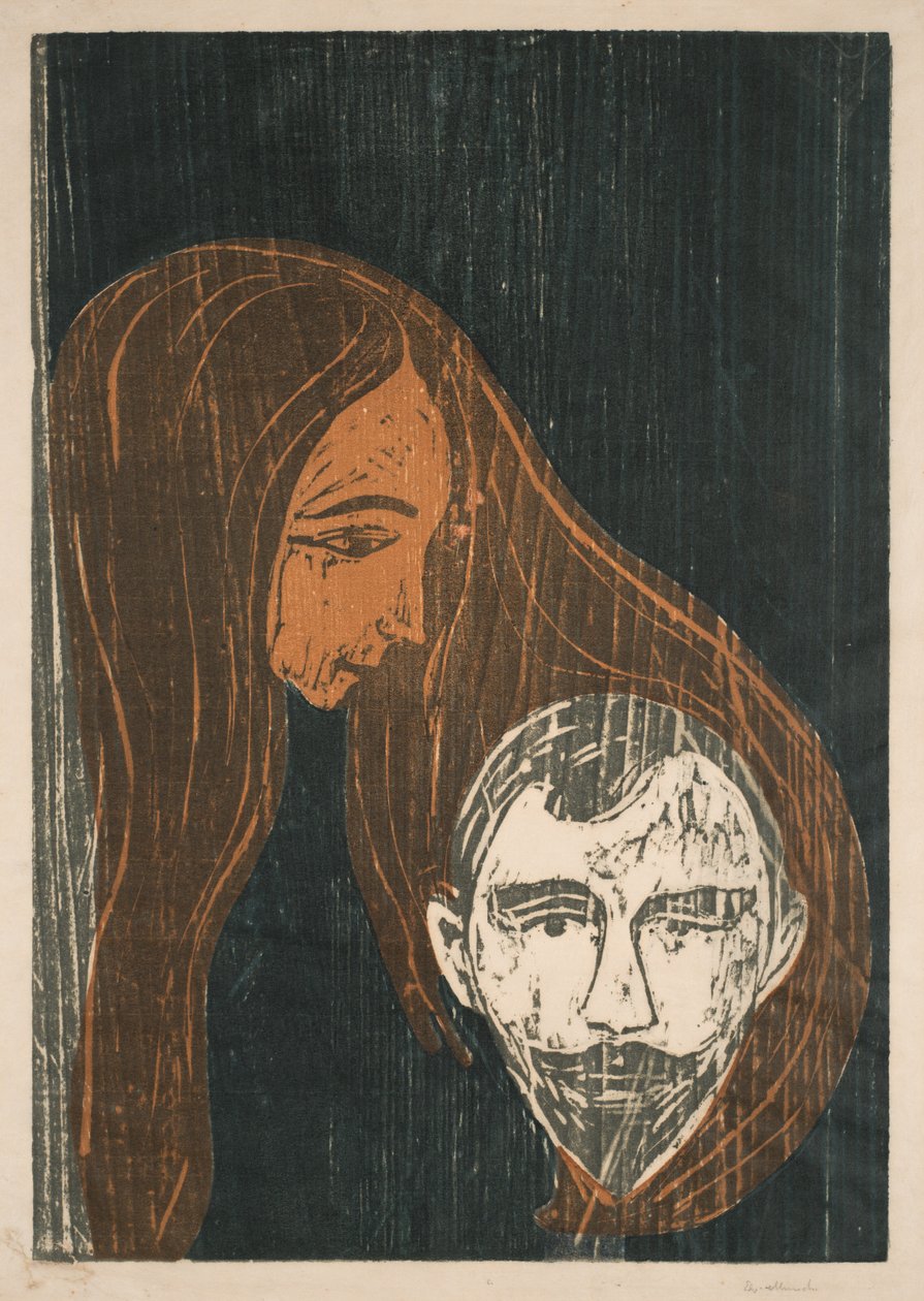 Głowa mężczyzny we włosach kobiety autorstwa Edvard Munch