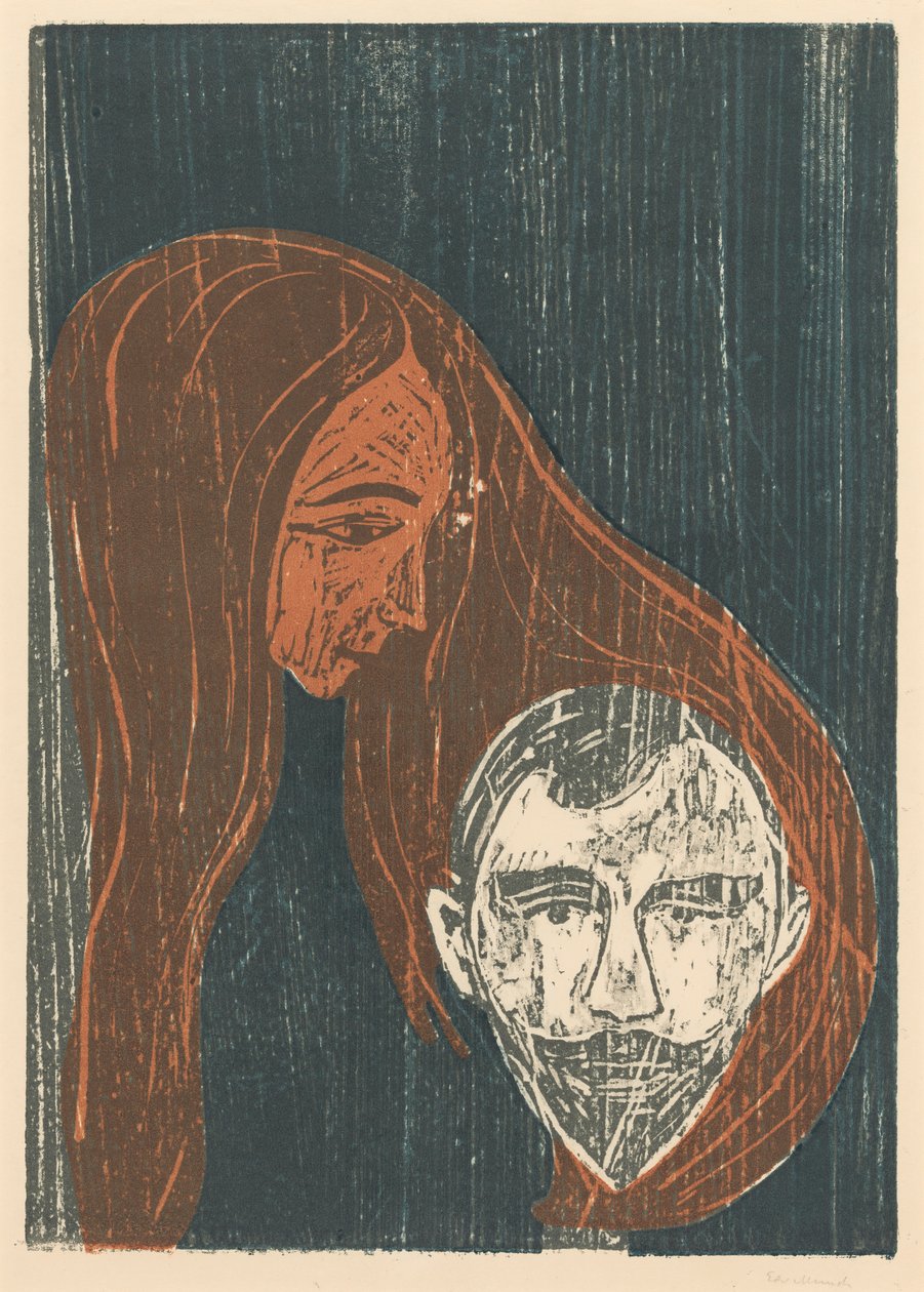 Głowa mężczyzny we włosach kobiety autorstwa Edvard Munch