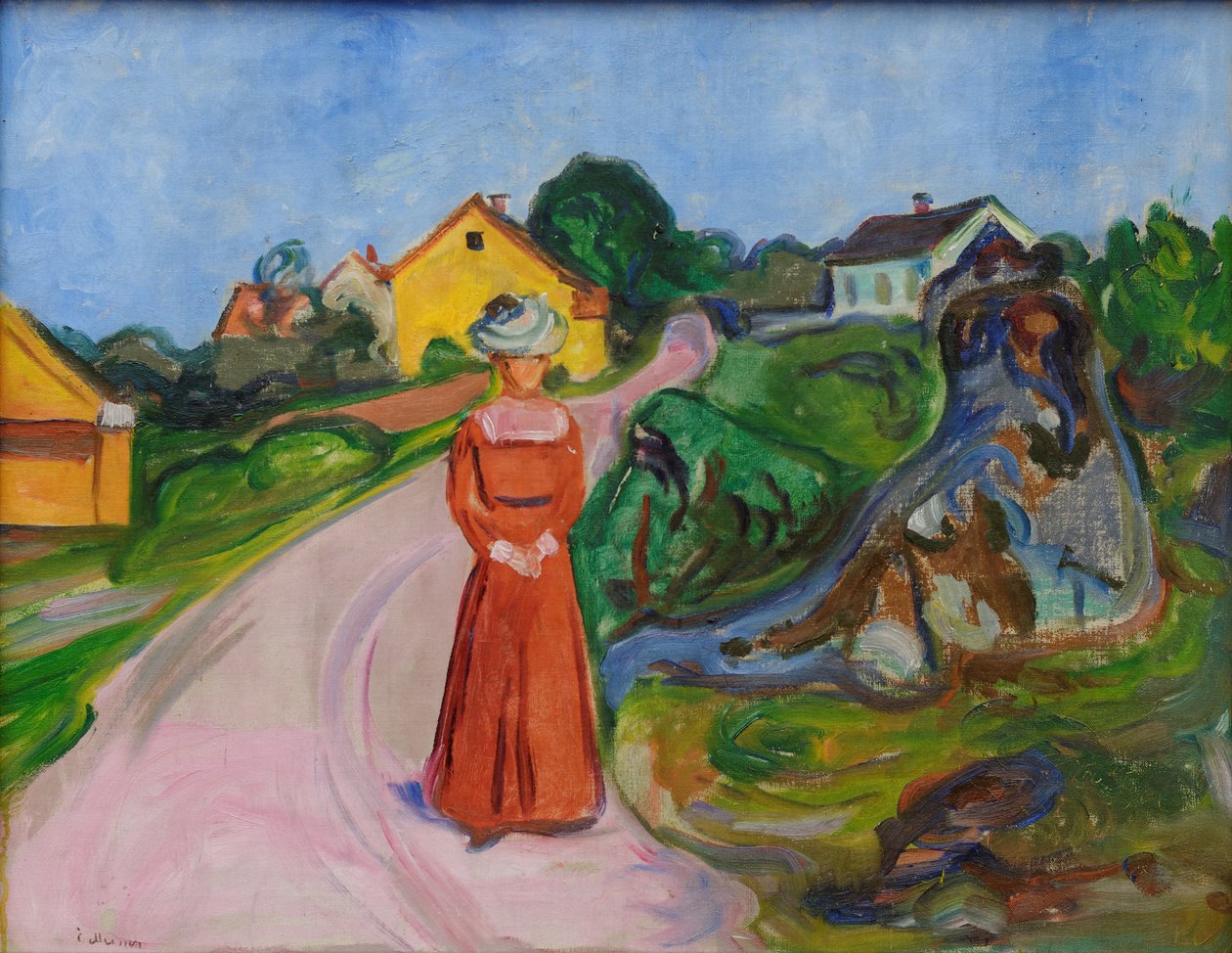 Ulica w Åsgårdstrand i kobieta w czerwonej sukni autorstwa Edvard Munch