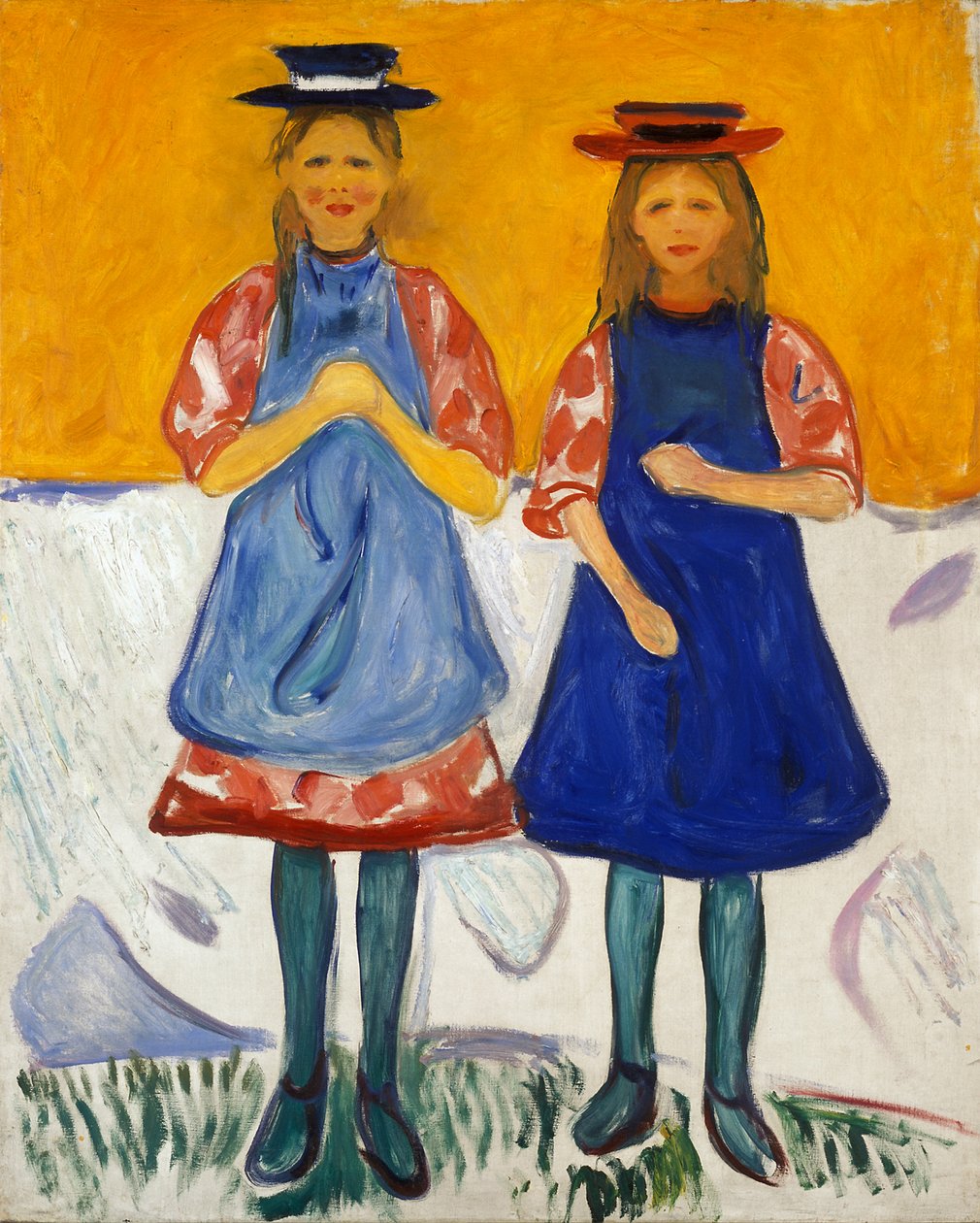Dwie małe dziewczynki w niebieskich fartuchach autorstwa Edvard Munch