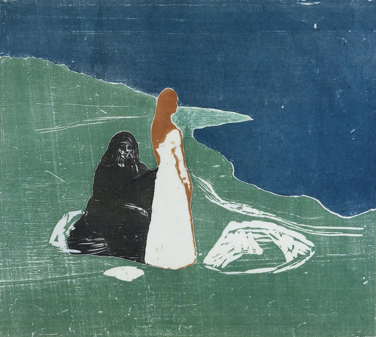 Dwie kobiety na plaży, 1898 (kolorowy drzeworyt) autorstwa Edvard Munch