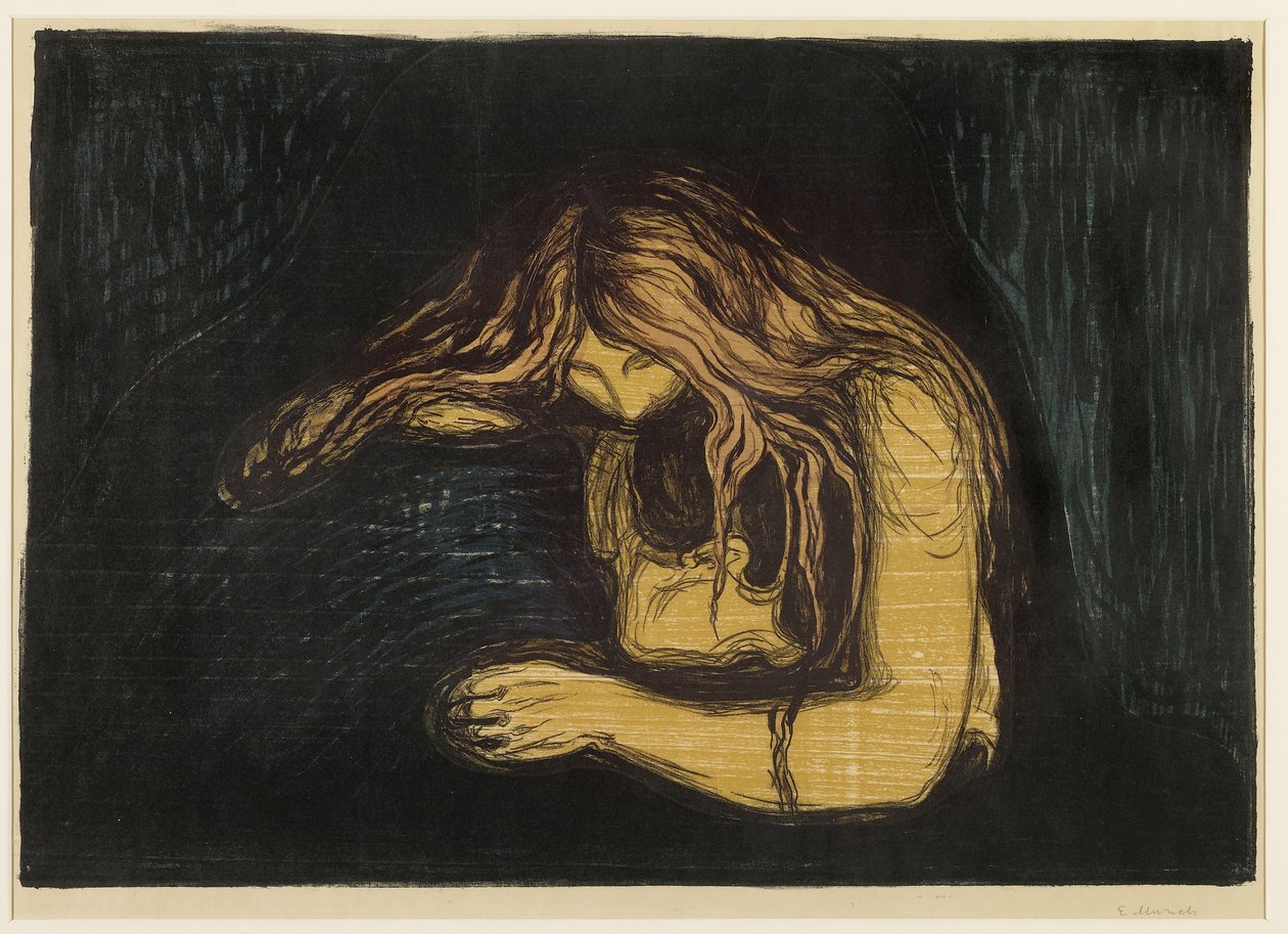 Wampir, 1895-1902 (kolorowy drzeworyt i litografia na cienkim papierze tkanym na cienkim papierze japońskim) autorstwa Edvard Munch