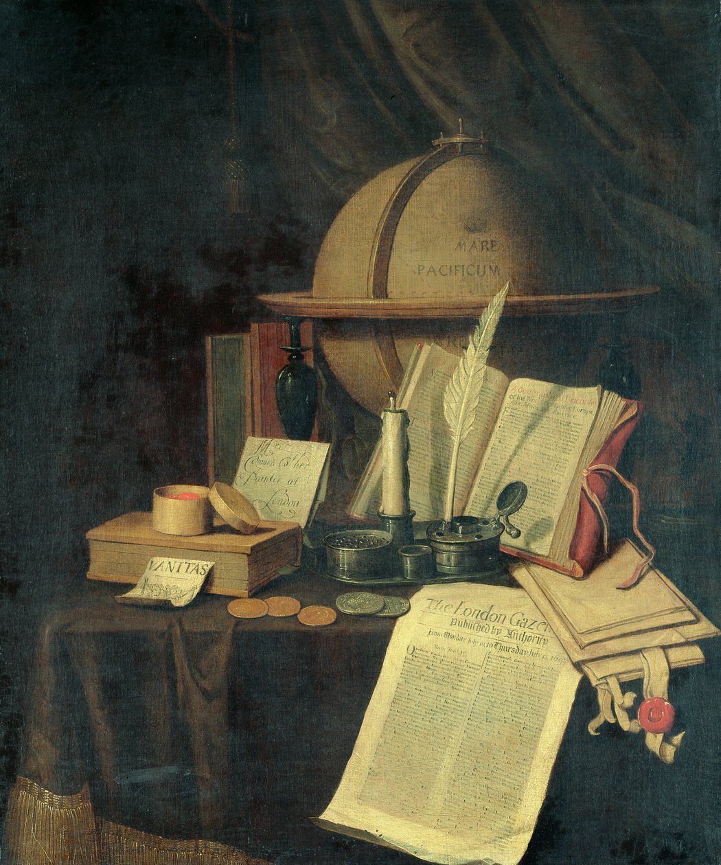 Omnia Vanitas: ziemski globus, caviole, monety i kopia London Gazette z 13 lipca 1691 autorstwa Edwaert Colyer or Collier