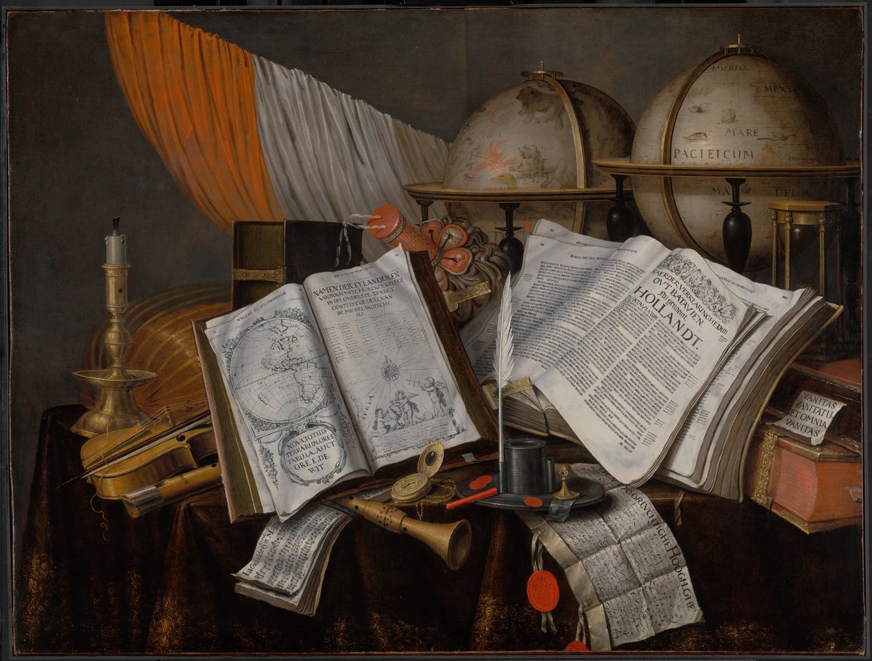 Martwa natura Vanitas z flagą, świecznikiem, instrumentami muzycznymi, książkami, akcesoriami do pisania... autorstwa Edwaert Collier