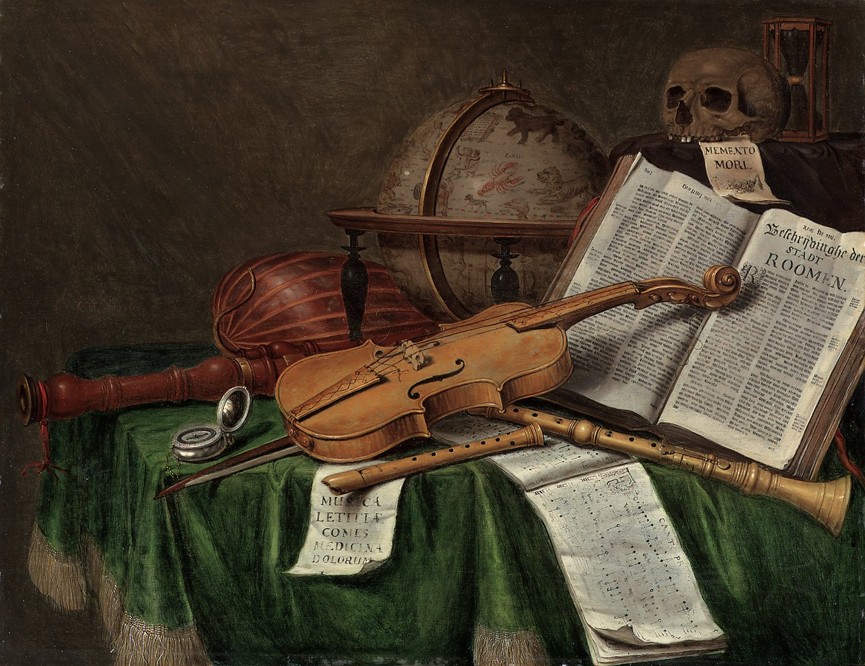 Martwa natura Vanitas z astrologicznym globusem, skrzypcami, czaszką, klepsydrą, otwartą księgą, partyturą, zegarkiem, lutnią i innymi instrumentami muzycznymi na udrapowanym stole, lata 80. XVII wieku autorstwa Edwaert Colyer or Collier