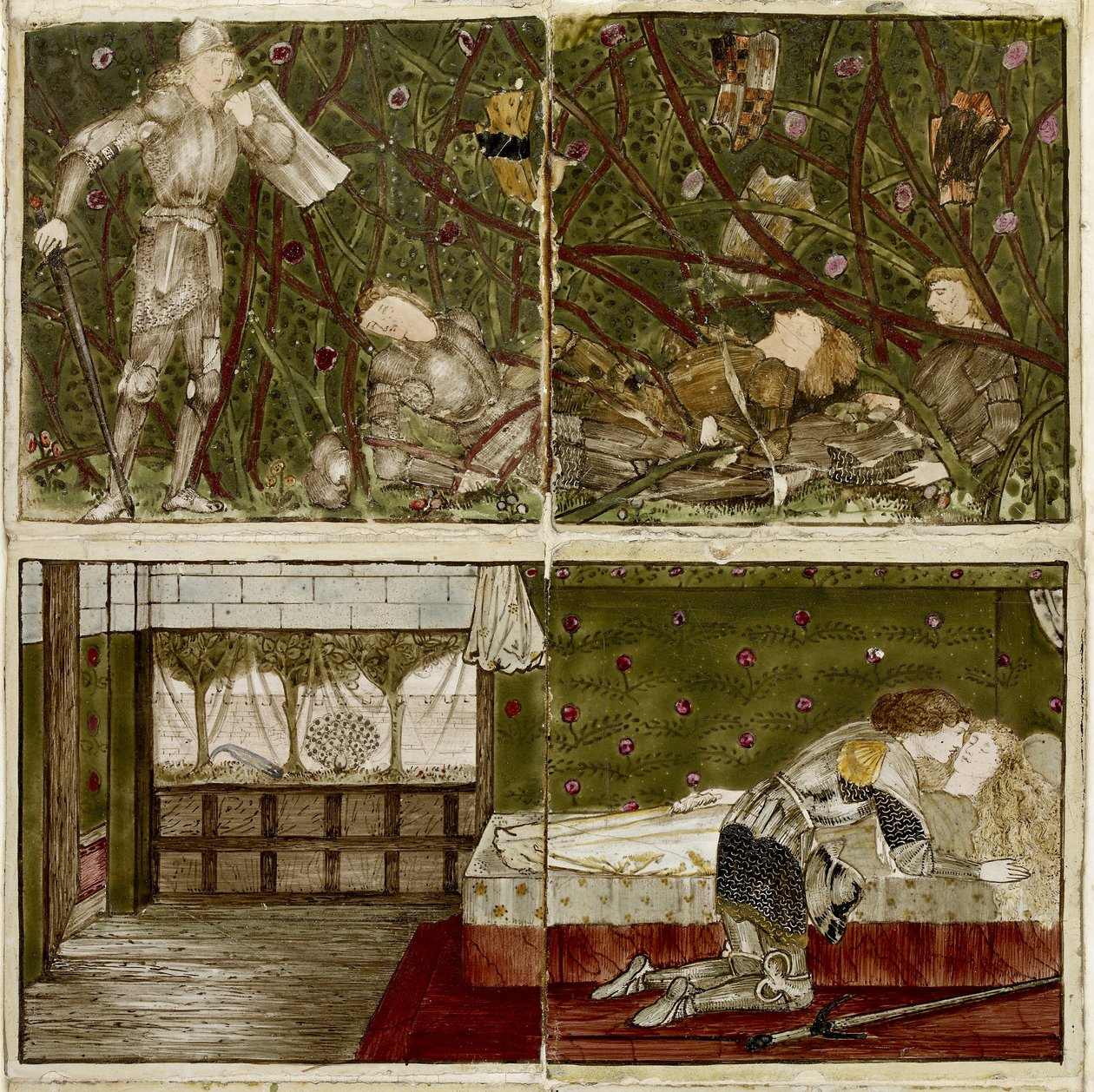 Zestaw szesnastu płytek ułożonych parami, tworzących osiem ilustracji do bajki „Briar Rose”, 1862 - 1865 (ceramika) autorstwa Edward Burne Jones