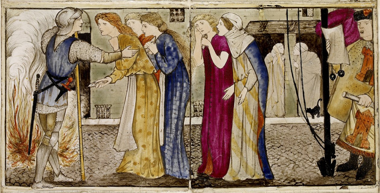 Zestaw szesnastu płytek ułożonych parami, tworzących osiem ilustracji do bajki „Briar Rose”, 1862 - 1865 (ceramika) autorstwa Edward Burne Jones