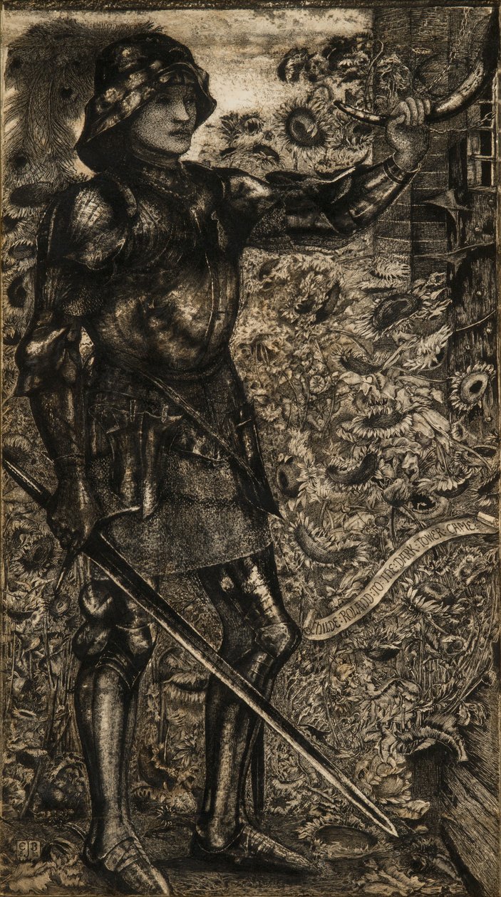 „Child Roland to the Dark Tower Came”, 1861 (pióro, atrament i szare pranie) autorstwa Edward Burne Jones