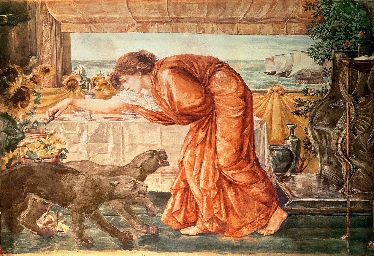 Circe wlewający truciznę do wazonu i oczekujący na przybycie Ulissesa, 1863-69 autorstwa Edward Burne Jones