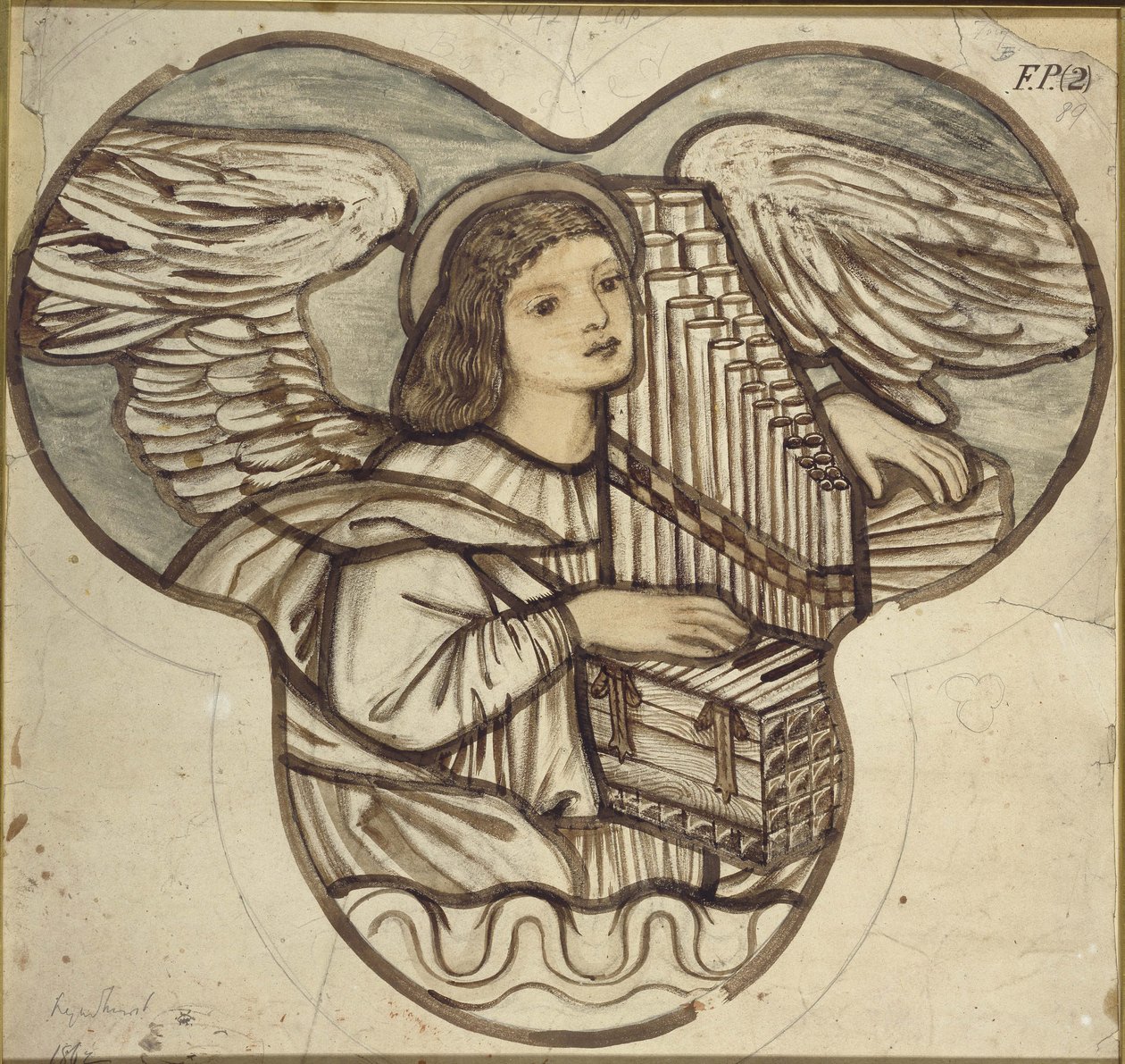 Projekt witraży w kościele w Lyndhurst: An Angel Organist, 1886 (brązowo-niebieskie rozmycia na graficie) autorstwa Edward Burne Jones