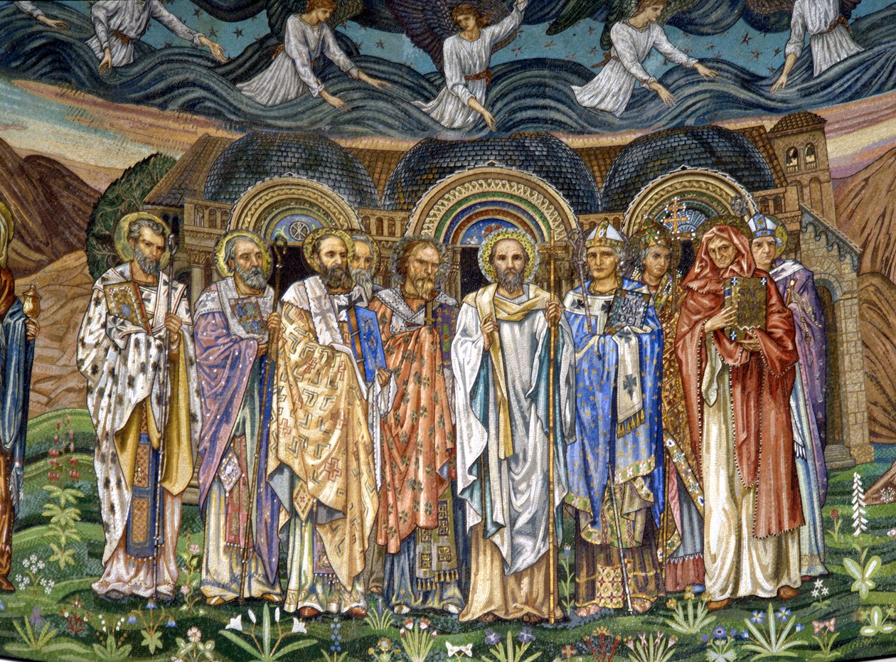 Pięciu Ojców Kościoła Wschodniego z Pięciu Ojcami Kościoła Zachodniego, lata 80.-90. (mozaika) autorstwa Edward Burne Jones