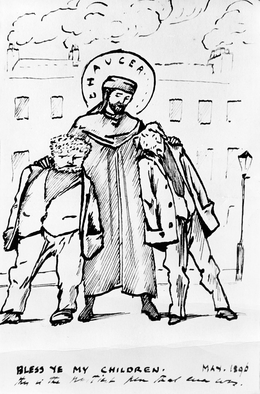 William Morris i Edward Burne-Jones błogosławieni przez Chaucera, karykatura, 1896 (pióro i tusz) (odbitka czarno-biała) autorstwa Edward Burne Jones