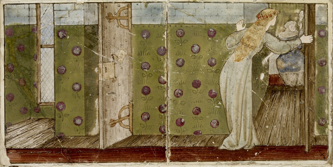 Zestaw szesnastu płytek ułożonych parami, tworzących osiem ilustracji do bajki „Briar Rose”, 1862 - 1865 (ceramika) autorstwa Edward Burne Jones