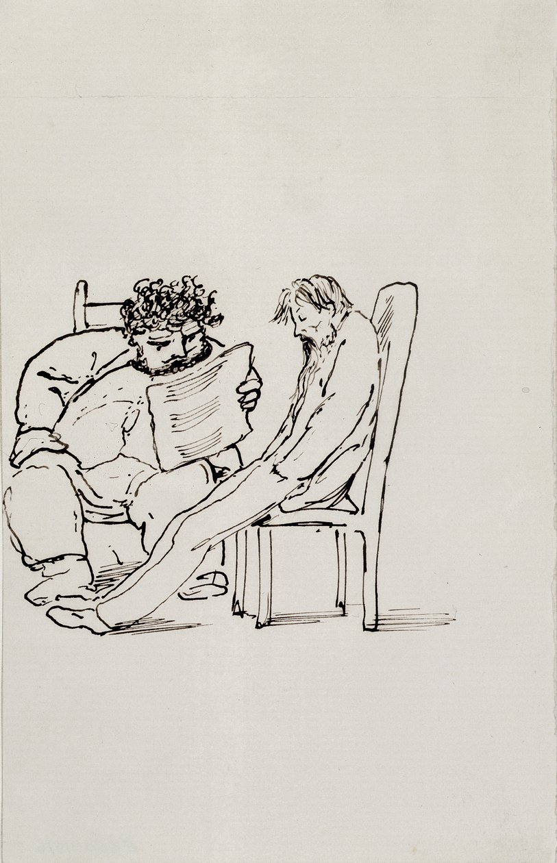 Rysunek przedstawiający Williama Morrisa (1834-96) czytającego poezję Edwardowi Burne-Jonesowi (1833-98) (pióro i atrament na papierze) autorstwa Edward Burne Jones
