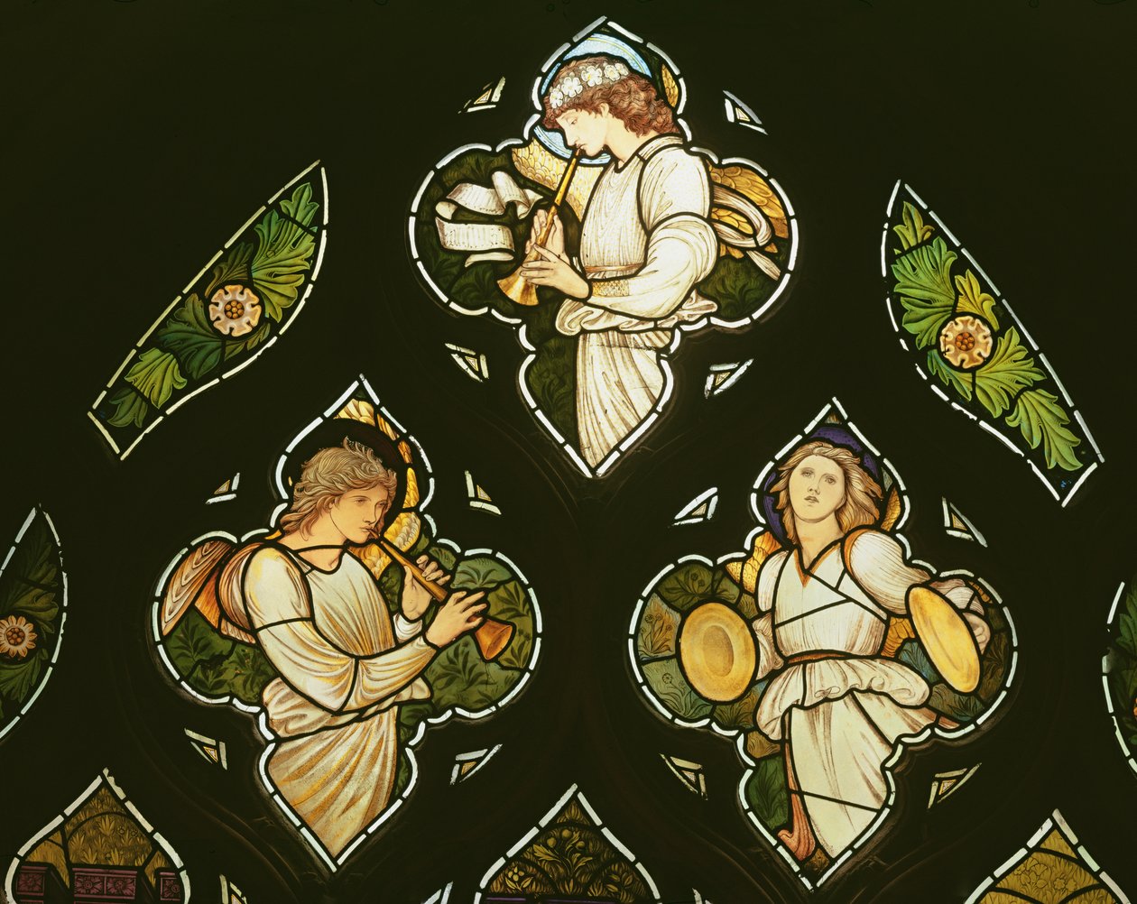 Muzyczne Anioły, lata 70. XIX wieku (witraże) autorstwa Edward Burne Jones