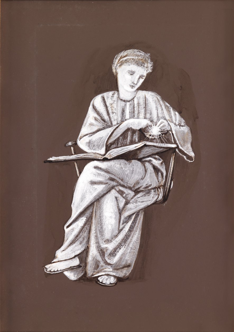Studium siedzącej dziewczyny z książką (akwarela brązowa i biała na papierze) autorstwa Edward Burne Jones