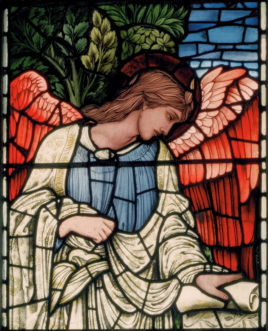 Birmingham, Acocks Green, St Mary The Virgin, Morris & Co., Edward Burne-Jones, John Henry Dearle (1859-1932), Anioł ze zwojem, szczegół, 1895 autorstwa Edward Coley and Dearle Burne Jones