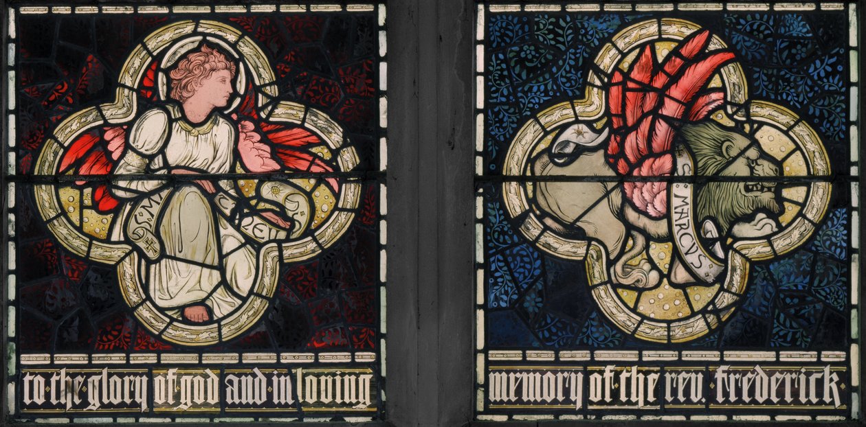 Birmingham, Acocks Green, St Mary The Virgin, Morris & Co., Edward Burne-Jones, John Henry Dearle (1859-1932), Symbole Ewangelistów, St Matthew & St Mark, 1895 autorstwa Edward Coley and Dearle Burne-Jones