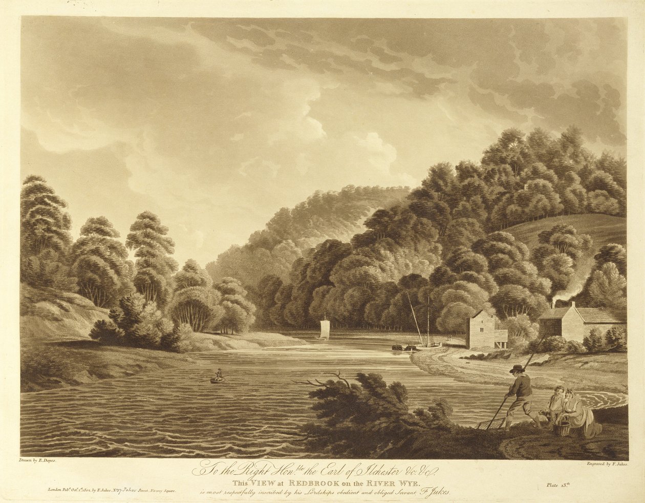 Widok na Redbrook w rzece Wye, tablica 13 z „Widoków na rzekę Wye”, grawerowana przez F. Jukesa, 1802 (akwatinta) autorstwa Edward Dayes