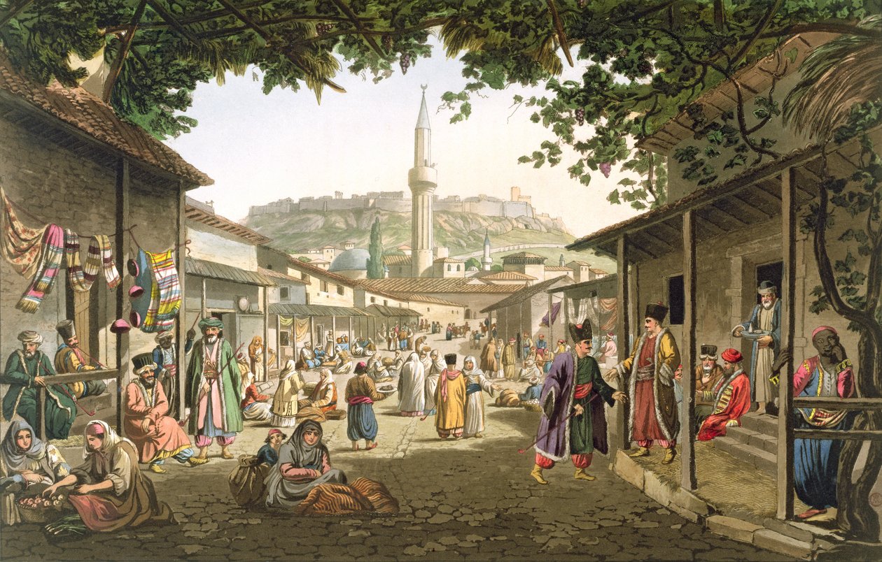 Bazar w Atenach, tablica 1 z części 1 „Widoki w Grecji”, rycina T. Fielding, wyd. 1821 (akwatinta) autorstwa Edward Dodwell