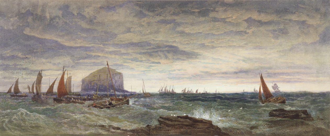 The Bass Rock at Dawn, 1855 (wc i kolor nadwozia na papierze grafitowym) autorstwa Edward Duncan