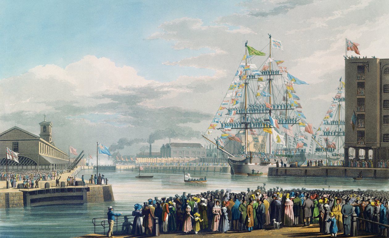 Otwarcie St. Katharine Docks, sobota 25 października 1828 (kolorowy grawerunek) autorstwa Edward Duncan