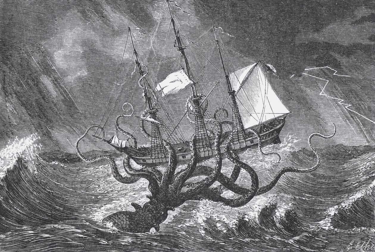 Kraken widziany okiem wyobraźni, ilustracja z „Potworów morskich” Johna Gibsona, 1887 autorstwa Edward Etherington
