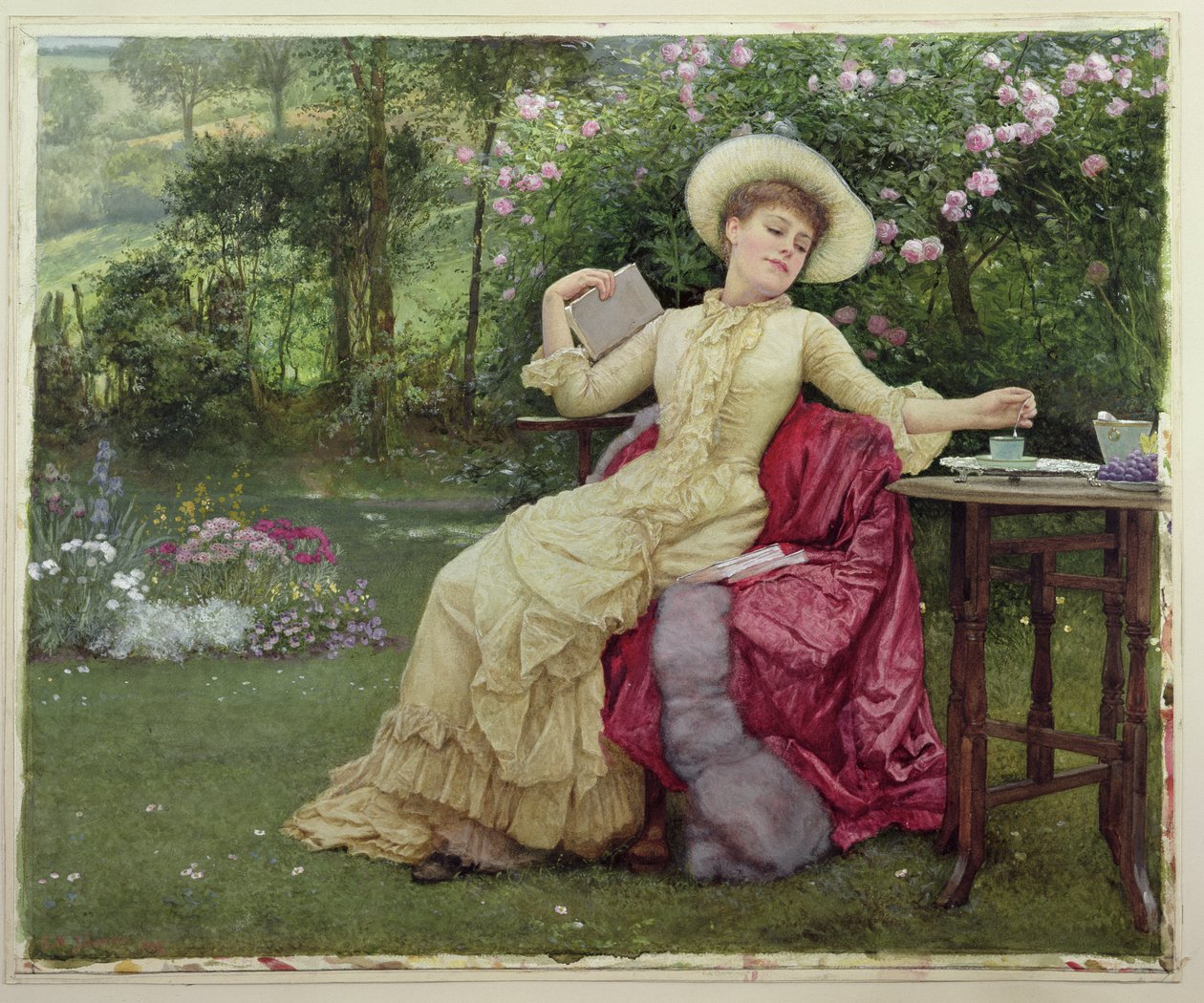 Picie kawy i czytanie w ogrodzie autorstwa Edward Killingworth Johnson