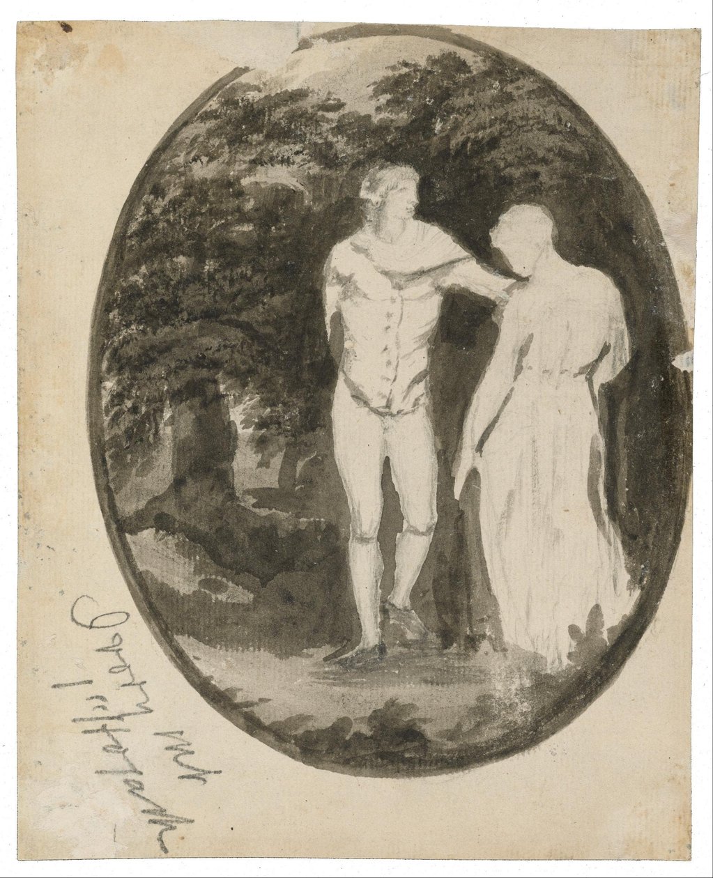 Para w zalesionym krajobrazie w owalu autorstwa Edward Lear