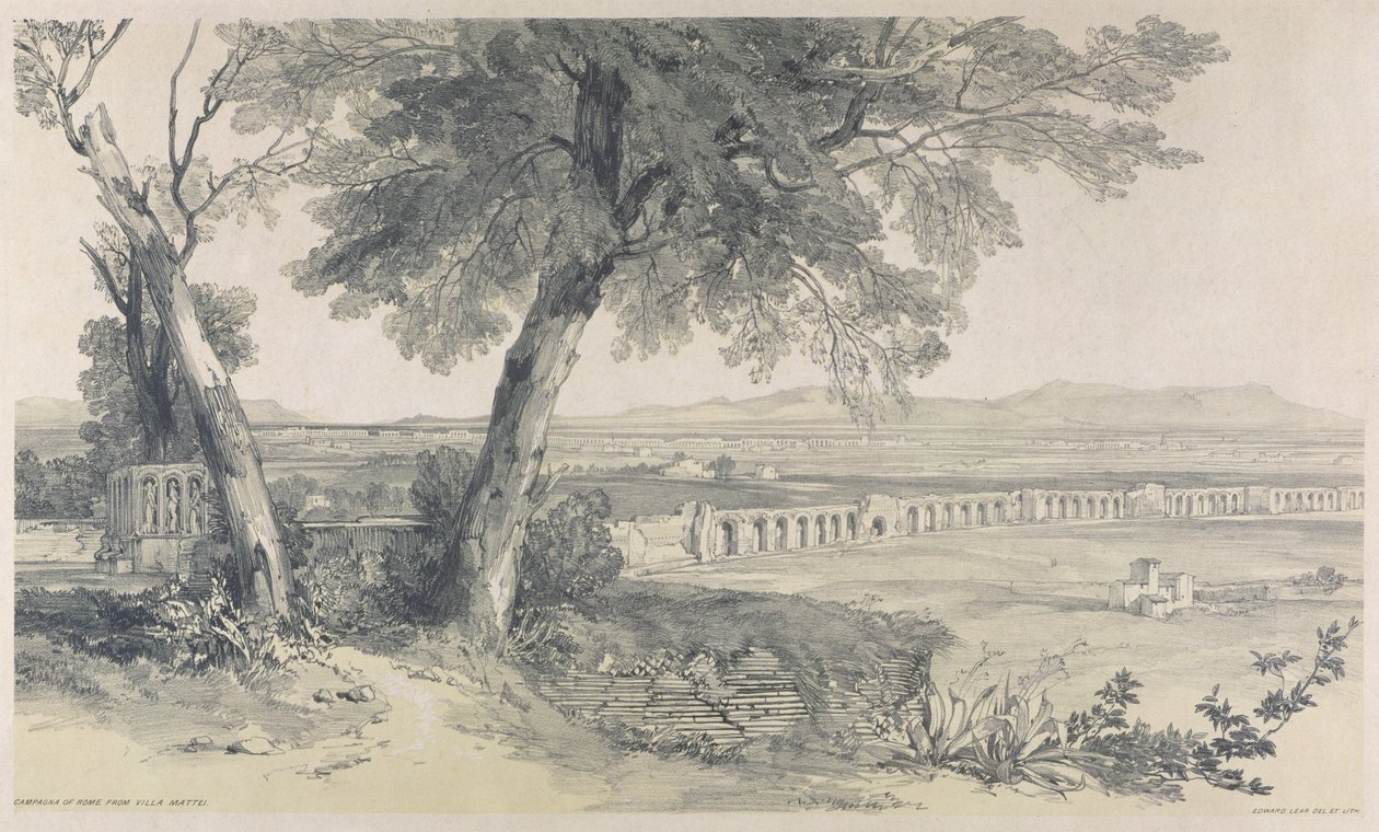 Campagna of Rome z Villa Mattei, z Widoki w Rzymie i okolicach, 1841, (litografia na grubym papierze tkanym) autorstwa Edward Lear