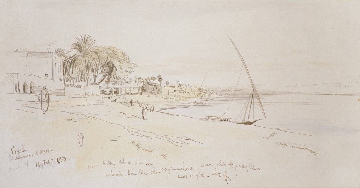 Esneh, Egipt, 1854 (pióro i brązowy tusz z akwarelą na grafitu na papierze złamanym białym) autorstwa Edward Lear