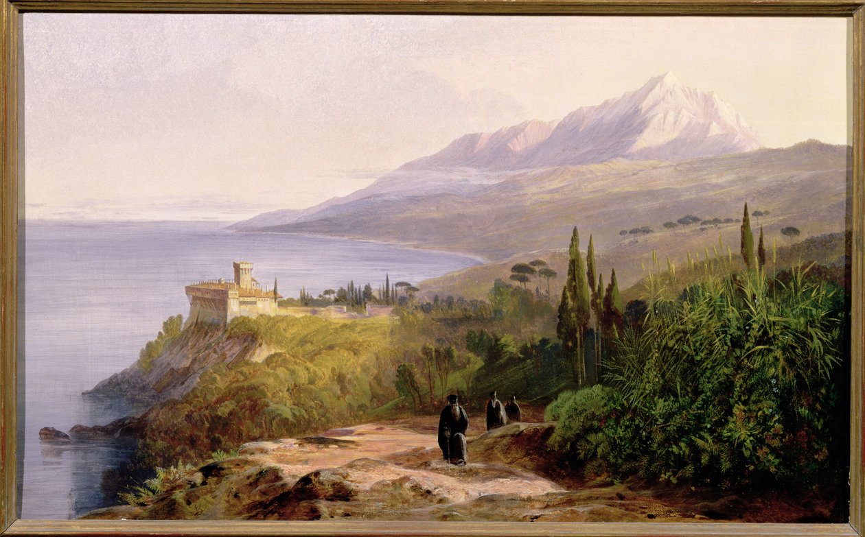 Góra Athos i Klasztor Stavroniketes, 1857 autorstwa Edward Lear