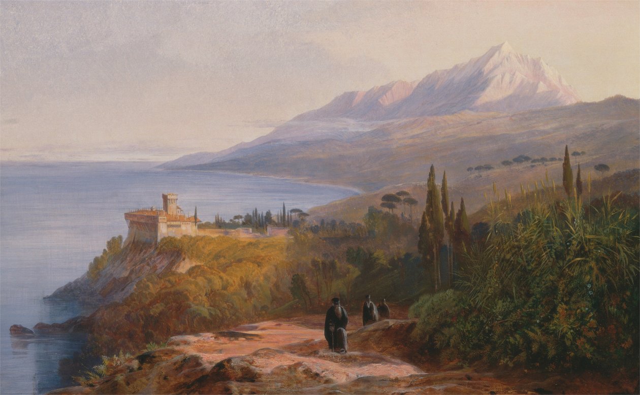 Góra Athos i Klasztor Stavronikétes autorstwa Edward Lear